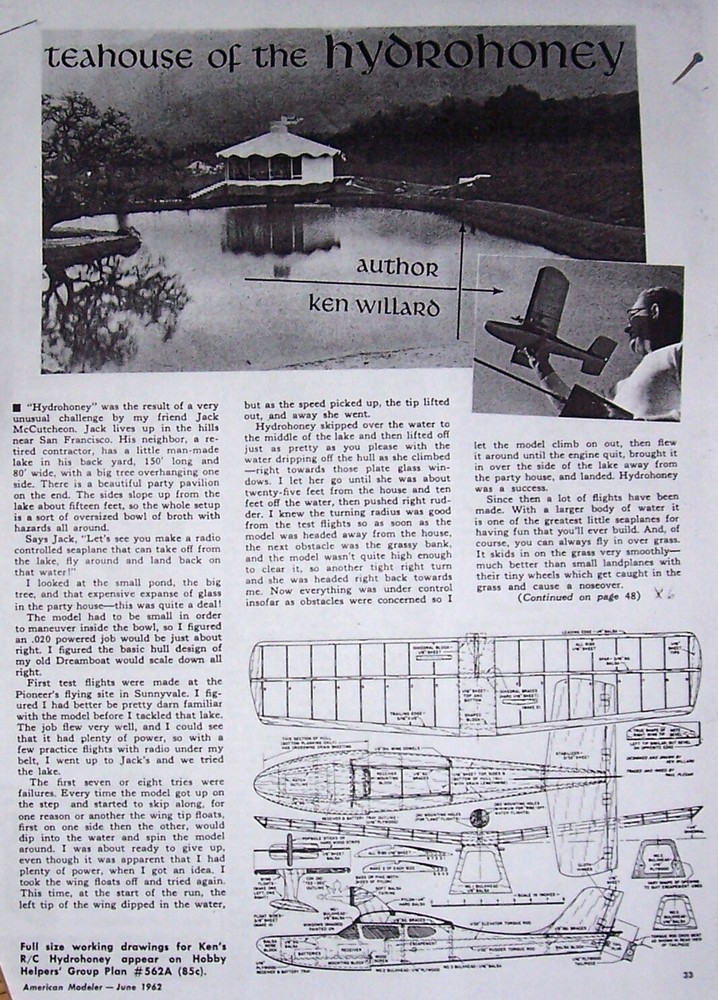 HYDROHONEY PLAN + Willard's CONSTRUCTION ARTICLE for 28" 2-ch RC Model Airplane