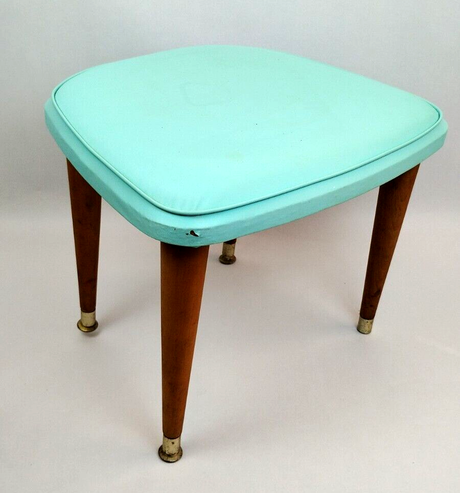 1963 Daystrom Atomic MCM Aqua Blue Vinyl Foot Stool 14" Tapered Peg Leg Gold Tip