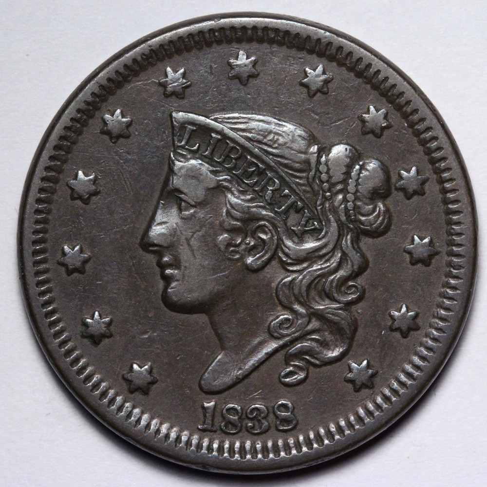 1838 Coronet Head Large Cent XF E143 ASMB