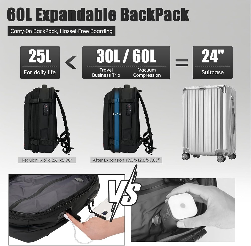 Vacpack Backpack with Vacuum 60L One-Touch Air Extraction, One Size, Black