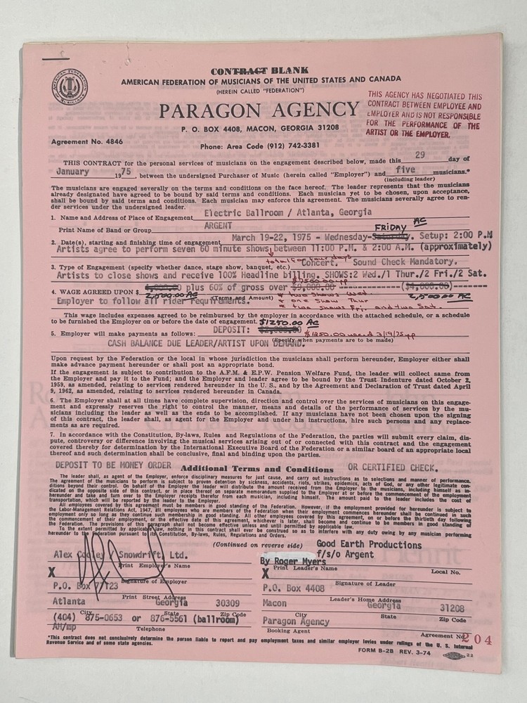 Argent Concert Contract 1975 Atlanta GA