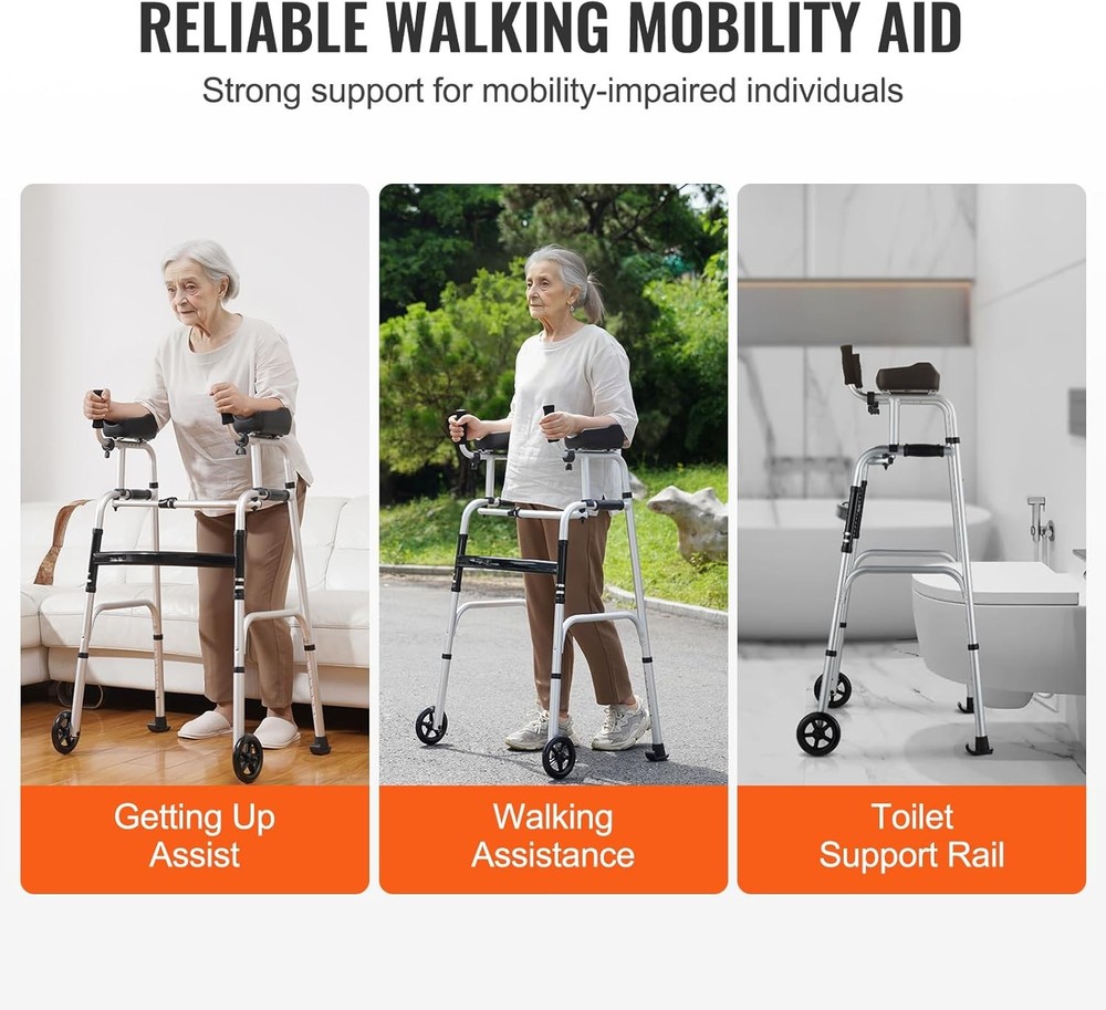 2 in 1 Folding Walker & Removable Armrests, Height Adjustable Foldable Wal