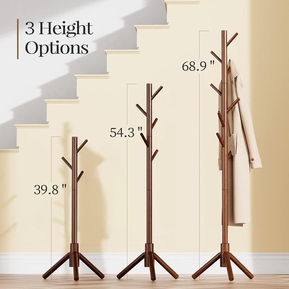 Freestanding Wooden Coat Tree - Stylish Storage Solution with Adjustable Height