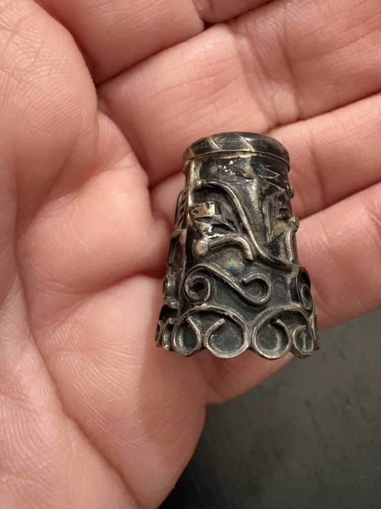 Sterling Silver Thimble Heavily Patterned Scene Design