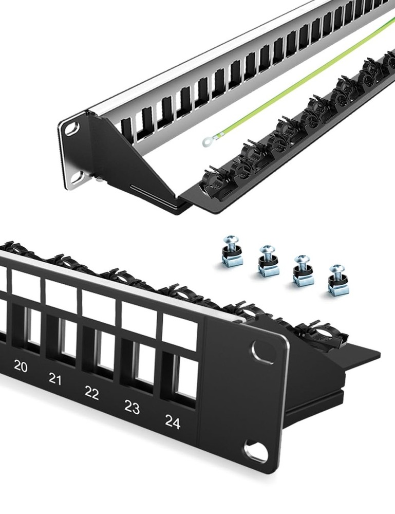 24-Port Blank Keystone Patch Panel for Rackmount Shielded 1U 19inch Network P...