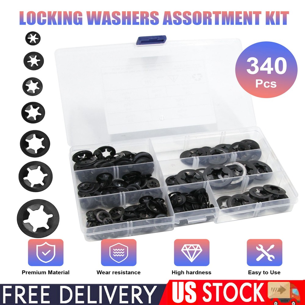 340pcs Assortment Internal Tooth Star Lock Spring Quick Washer Push On Speed Nut