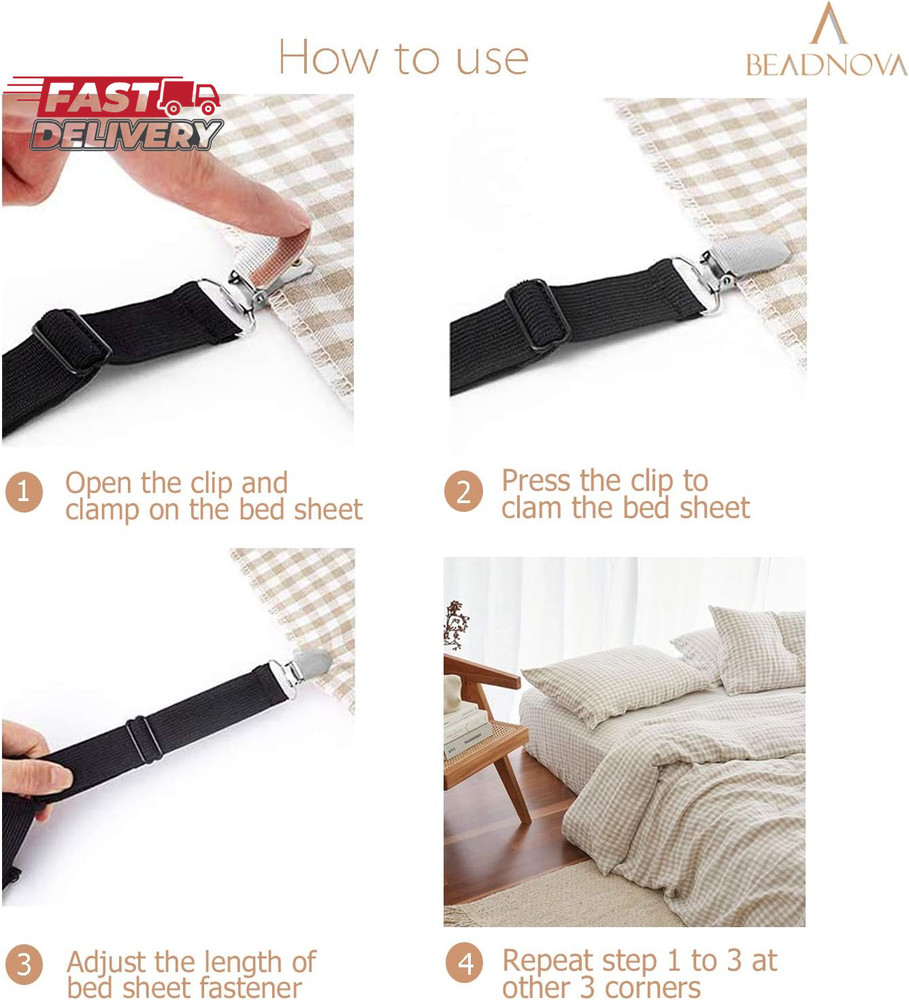 BEADNOVA Bed Sheet Straps 4 Pcs Bed Sheet Holders Fitted Sheet Clips Adjustable