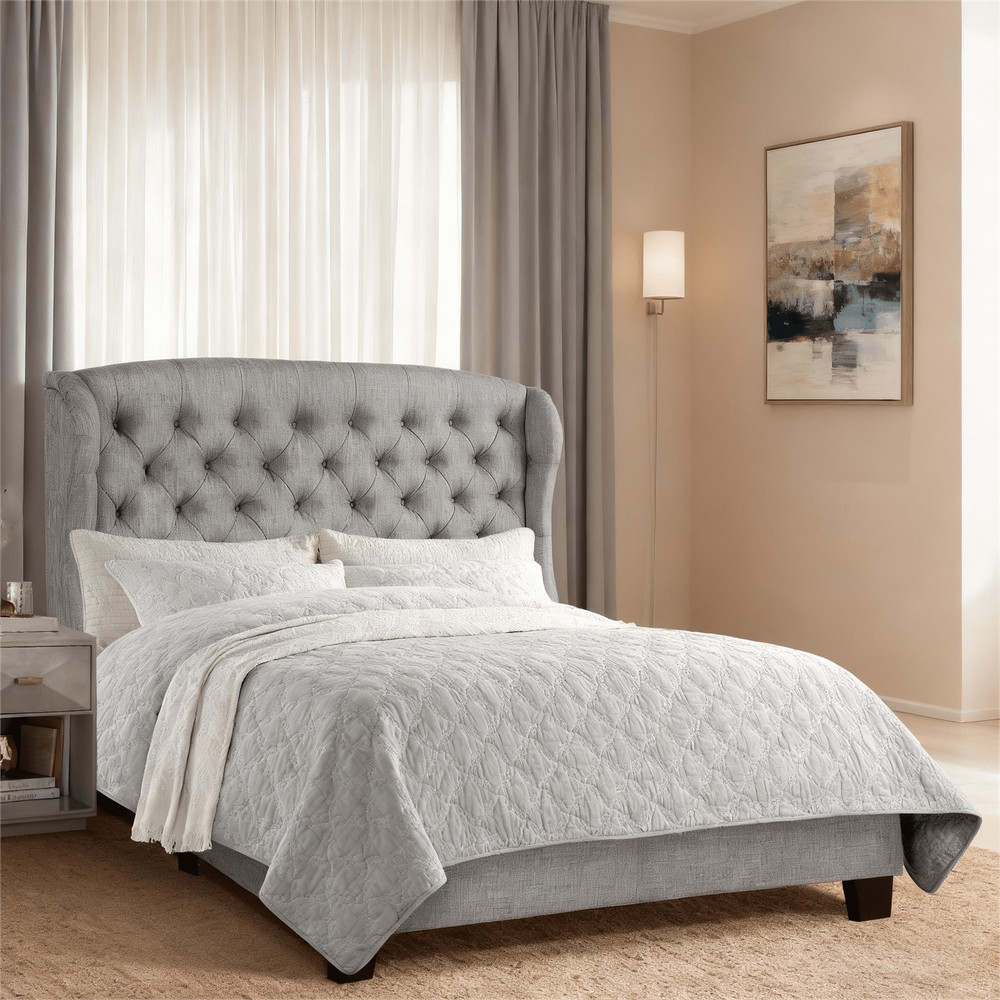 King Size Upholstered Platform Bed Frame W/ Adjustable Wingback Headboard Box