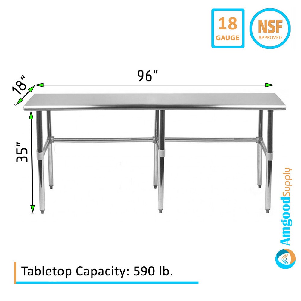 18" X 96" Stainless Steel Open Base Table | NSF Prep Metal Work Table
