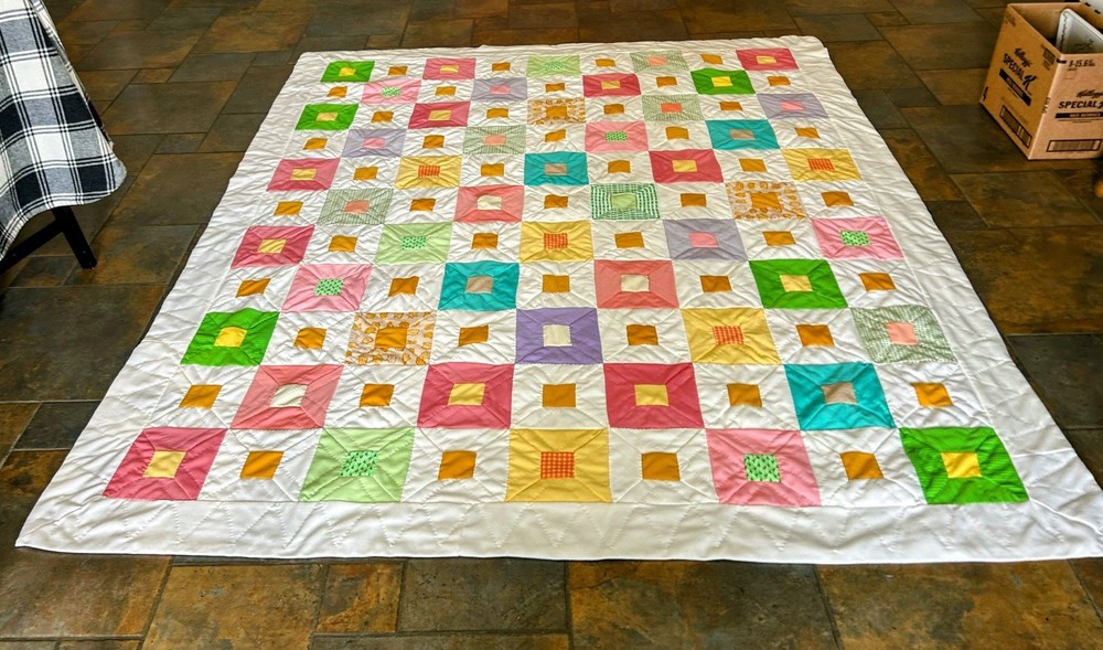 Vtg 70’s Hand Made & Quilted Polyester Double Knit Patchwork Quilt 99” X 83”