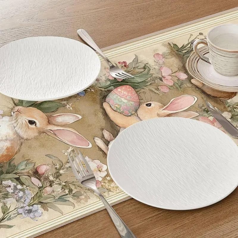 Easter Table Runner Flower Retro 13X72 Inch , Cute Rabbit Pattern Table , Easter