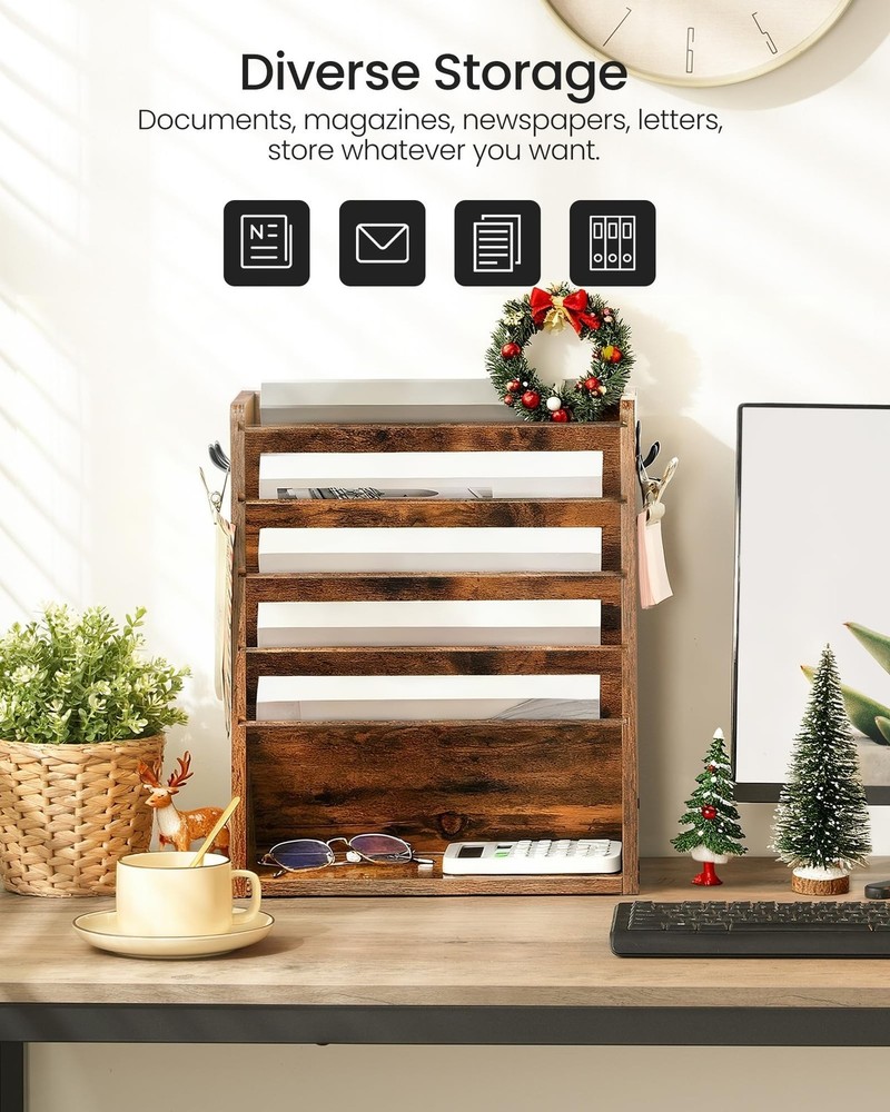 Wall File Organizer, 6-Tier Vertical Mount Hanging Holder with 2 Side Hooks, ...