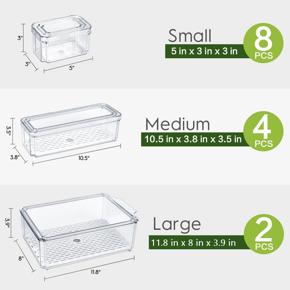 14 Pack Fridge Organizer, Stackable Refrigerator Organizer Bins with Lids, Bpa-F