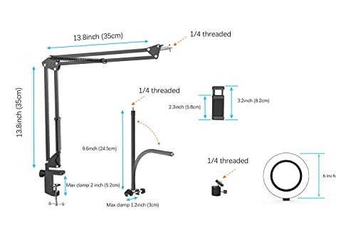 Black Overhead Camera Mount with Ring Light - Flexible Articulating Phone Arm