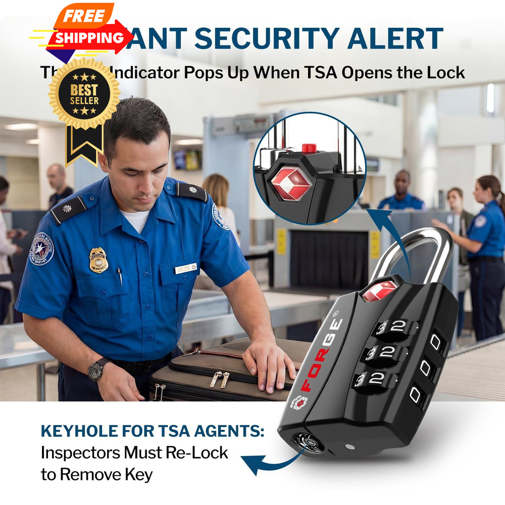 Forge Open Alert TSA Approved Luggage Locks - 3 Digit Combination, Easy Black