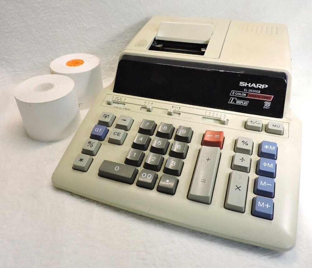 VINTAGE SHARP ELECTRONIC CALCULATOR (7D161471) W/2 PAPER SPOOLS - USED**