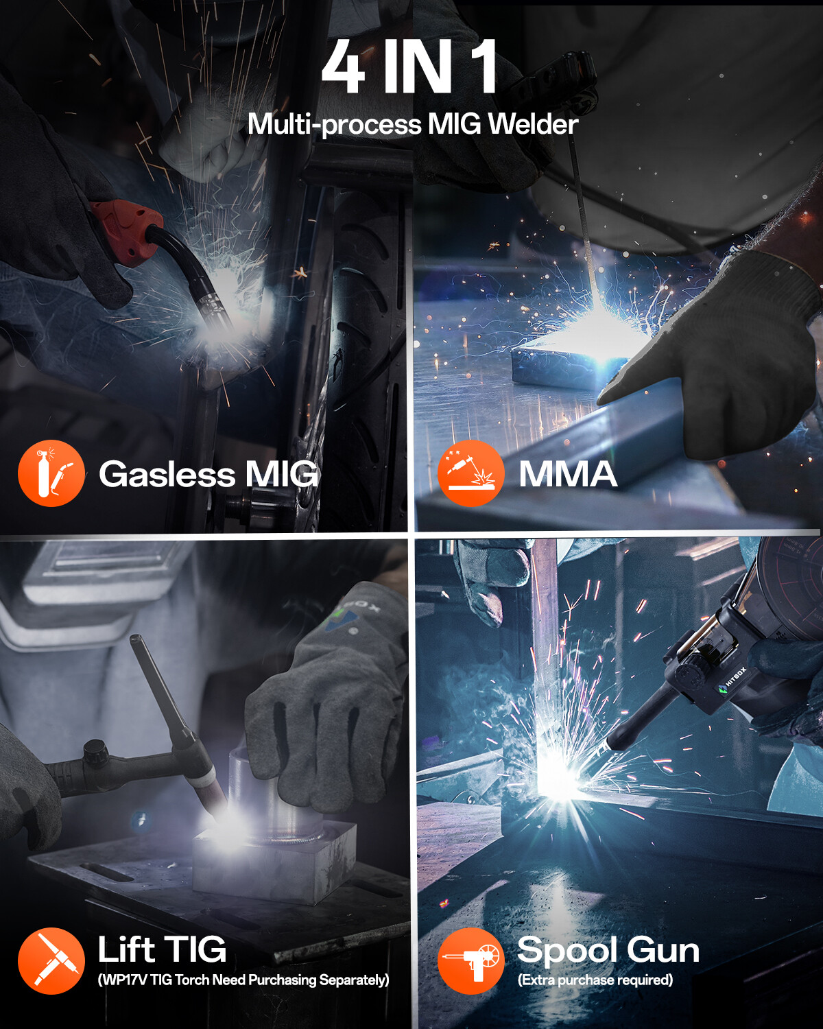 Hitbox 4IN1 MIG Welder Spool Gun/MMA/Gasless/Lift TIG Welding Machine 110V&220V
