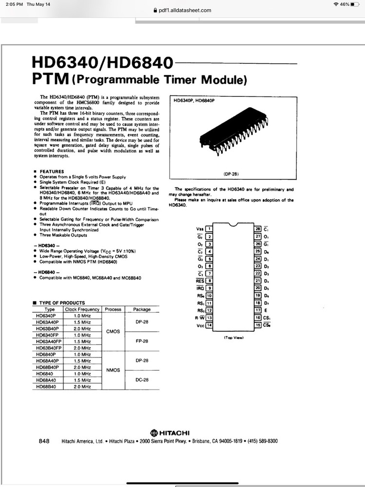 5x HD63B40P PTM Programmable Timer Module 28 DIP