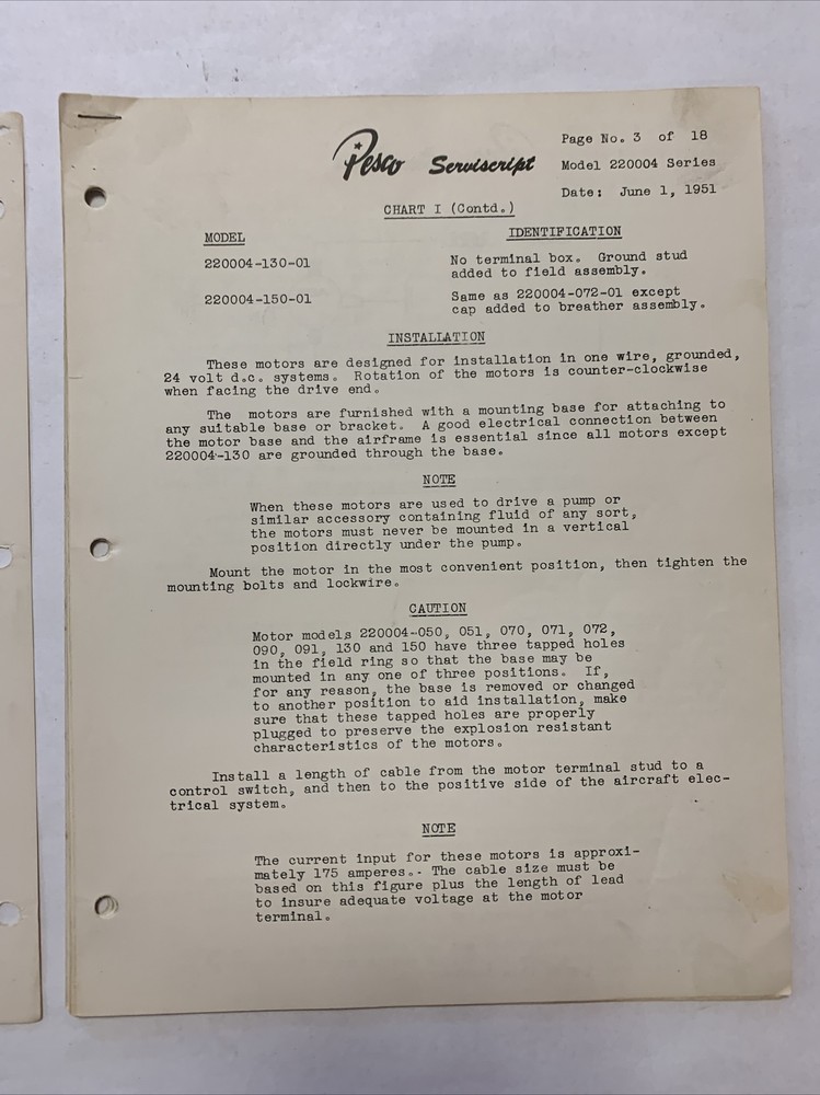 Pesco Servicescript Model 220004 Series Dated June 1, 1951 - Original