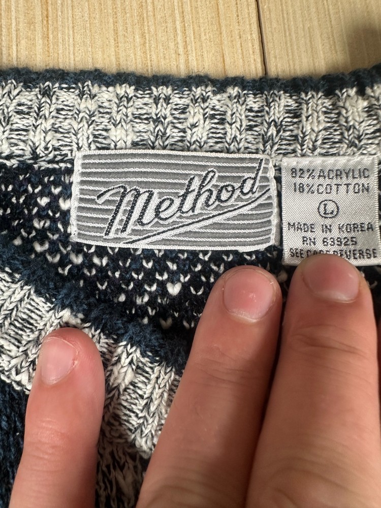 Method Sweater Mens Large Black White Jacquard Knit Acrylic Ribbed Hem Pullover
