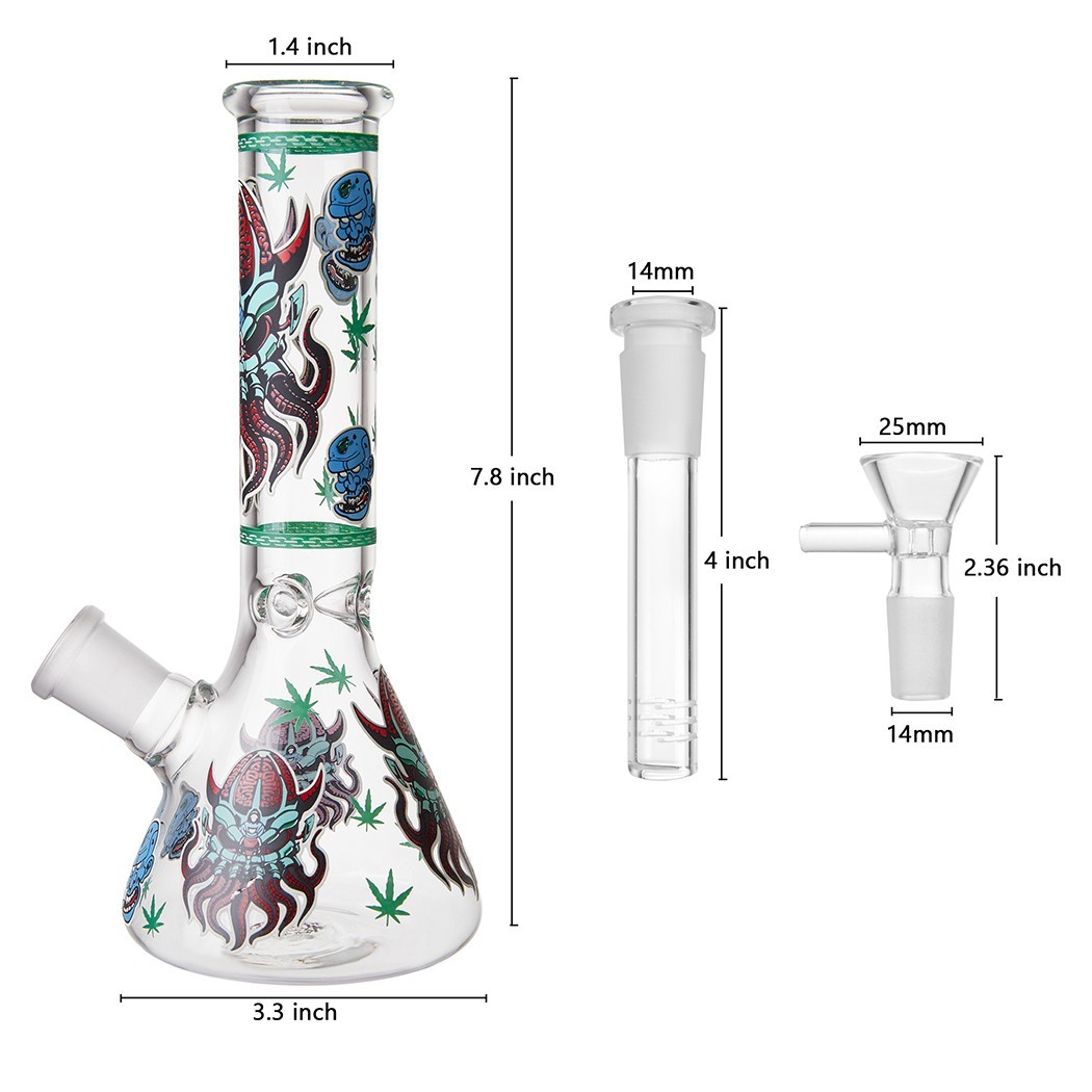7.8" Octopus Fluorescent Glass Bong Glass Water Pipe Smoking Tobacco Beaker 14MM