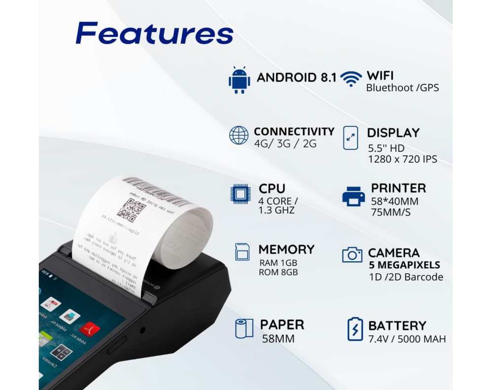 POS Android 13 PDA Receipt Printer 58mm High Speed Thermal Printer 5.5’ Touch Sc
