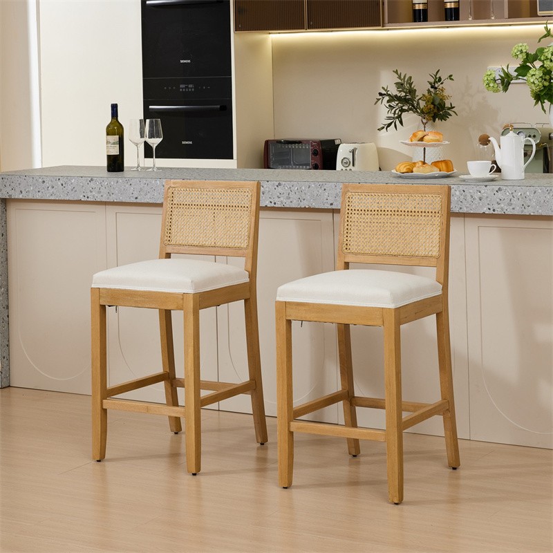 Set of 2 Solid Wood Rattan Bar Stools Comfort Linen Cushion High-Resilience Foam
