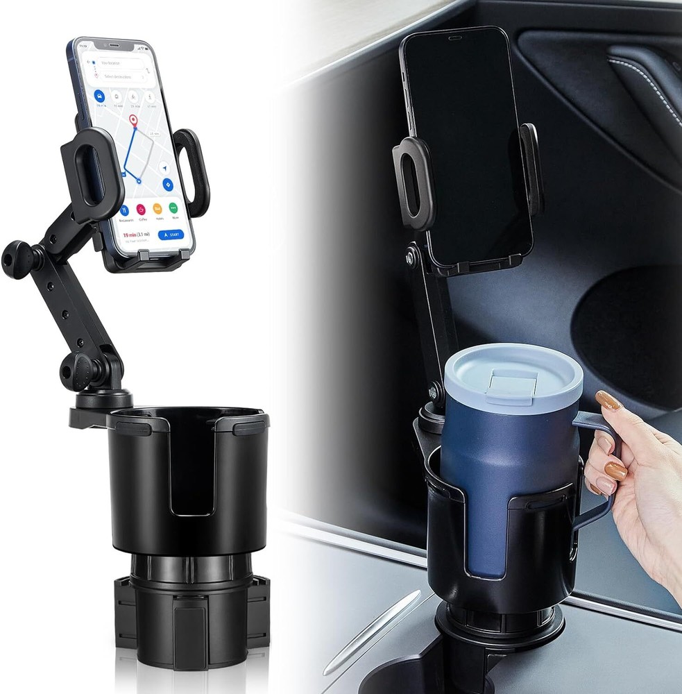 2in1 Upgraded Car Cup Holder Expander Phone Mount w/Adjustable Base 360°Rotation