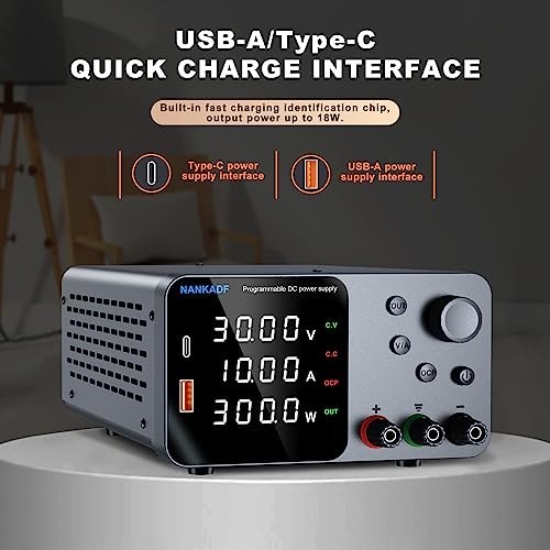 30V 10A Adjustable Bench Power Supply, USB & Type-C Quick Charge, Short Circuit
