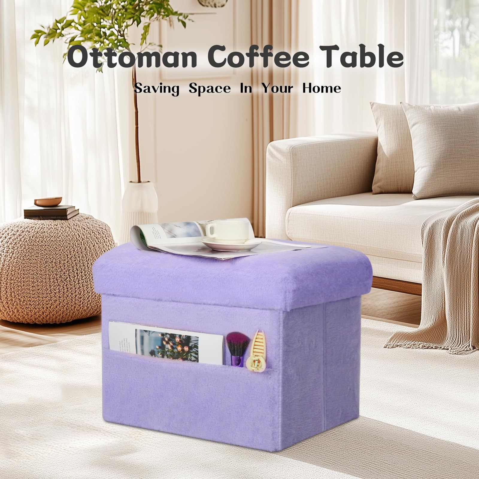 Small Ottoman with Storage, Folding Soft Fur Storage Foot Rest Stool with Thi...