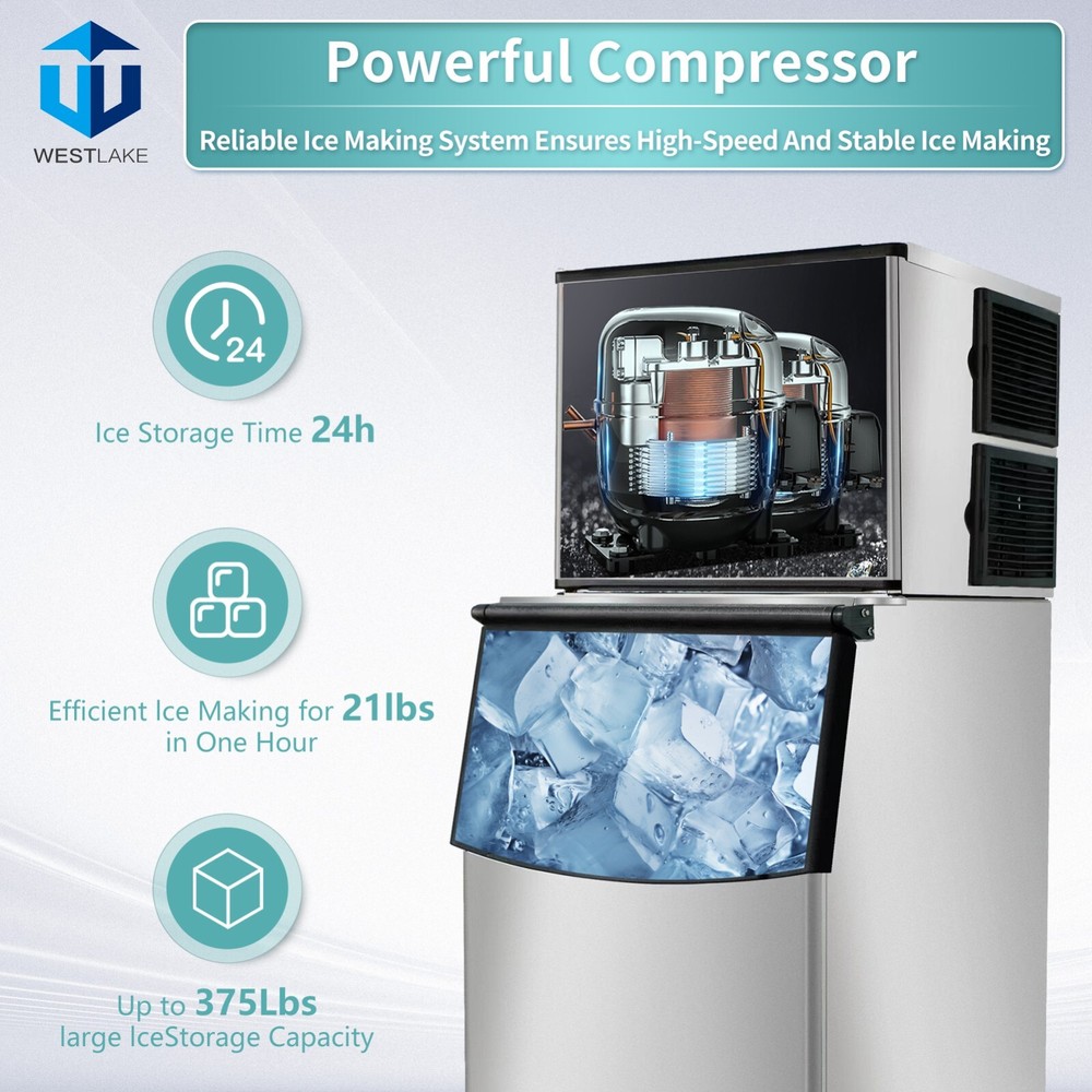 Commercial Ice Maker Machine, 500 lbs Ice Makers with 375lbs Storage, Full Cube