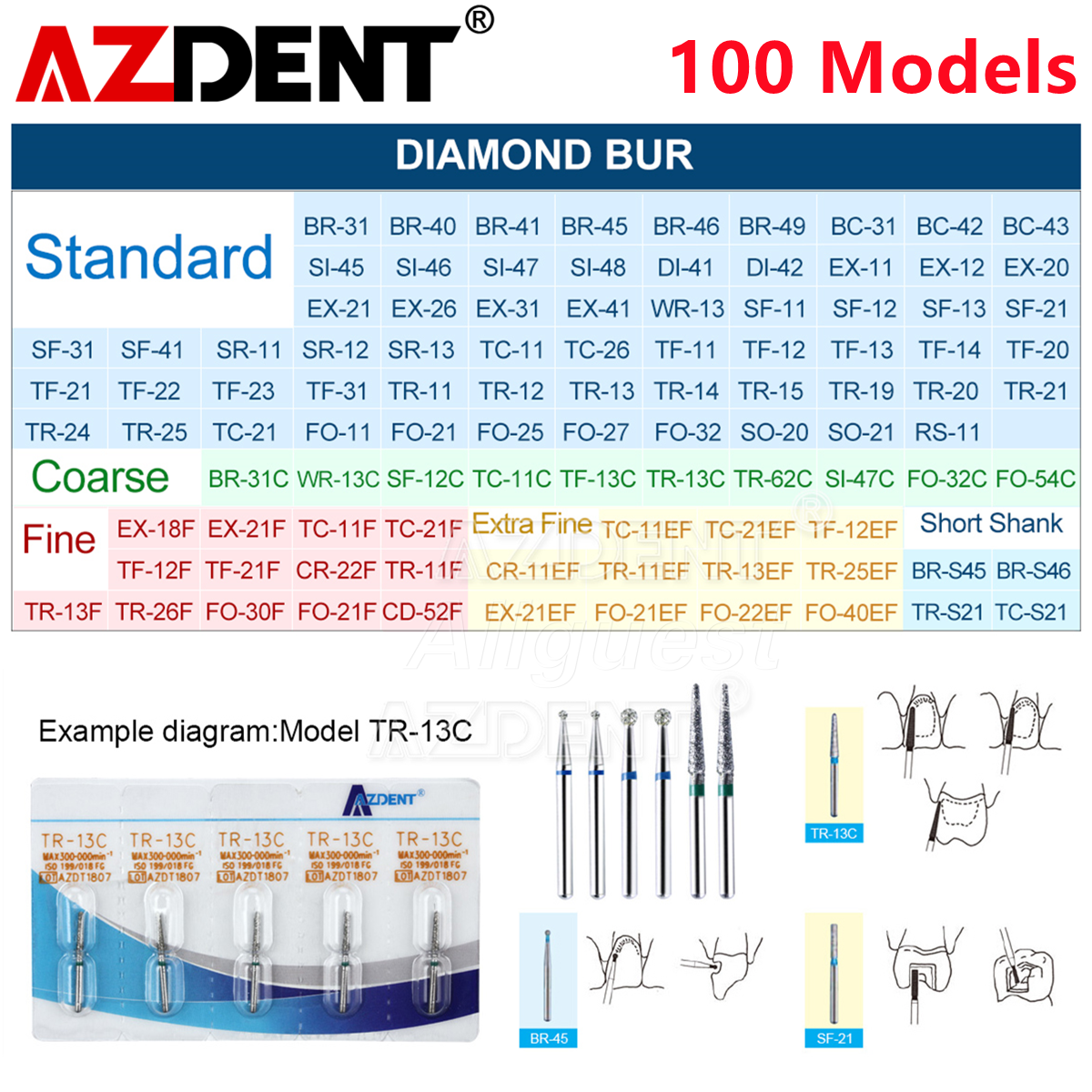 AZDENT Dental FG Diamond Burs for High Speed Handpiece Friction Grip 5pcs/pack