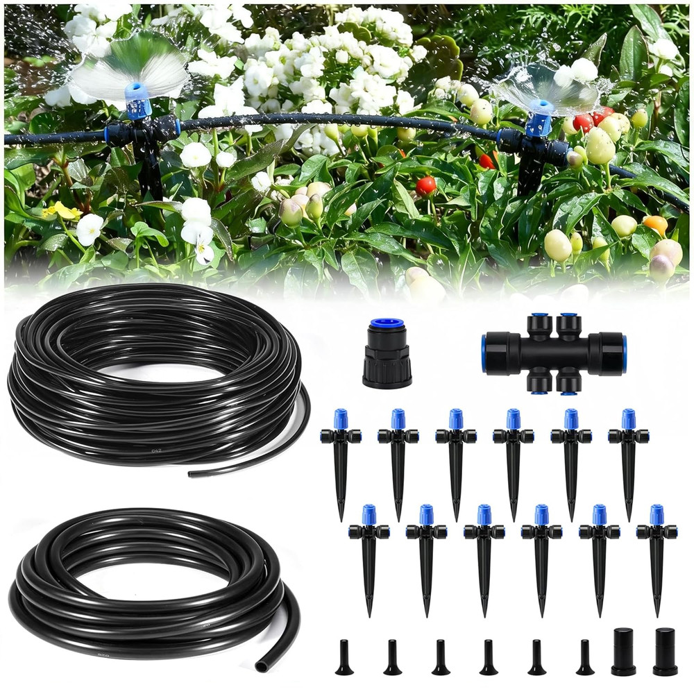 50FT Quick Connect Garden Watering System with Adjustable Vortex Drippers, Savin