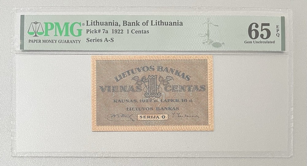 Lithuania 1922 1 Centas PMG65. Pick #7a