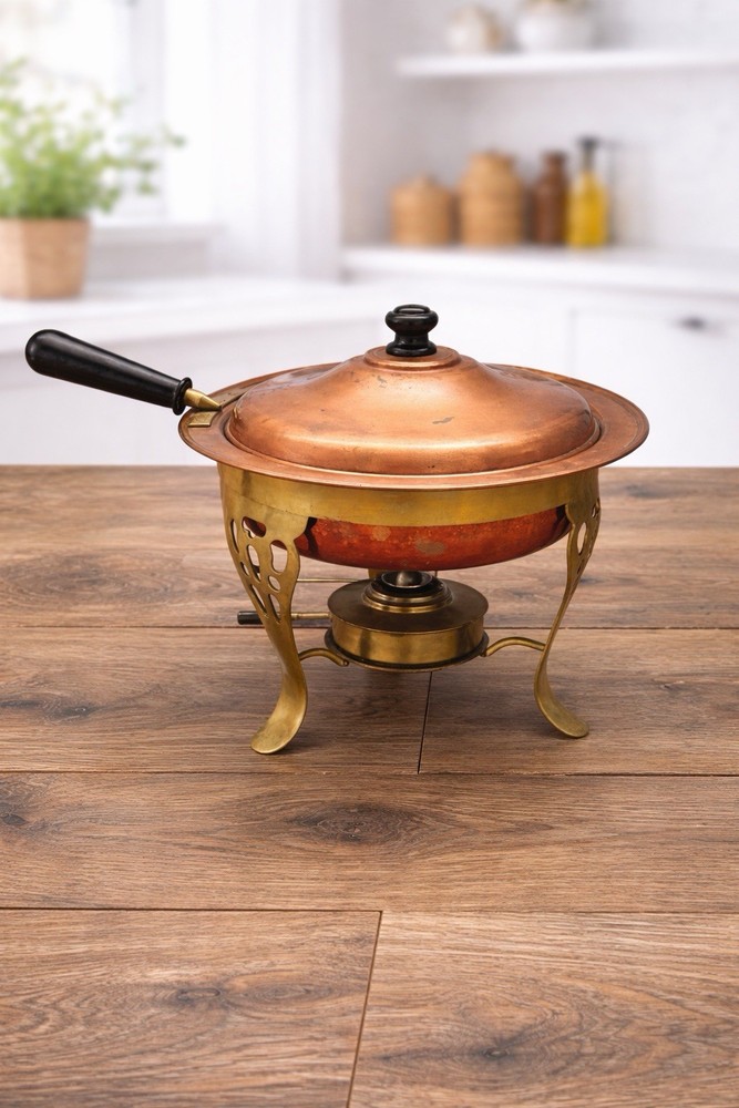 Vintage Copper Chafing Dish Warming Server w/ Brass Stand & Burner