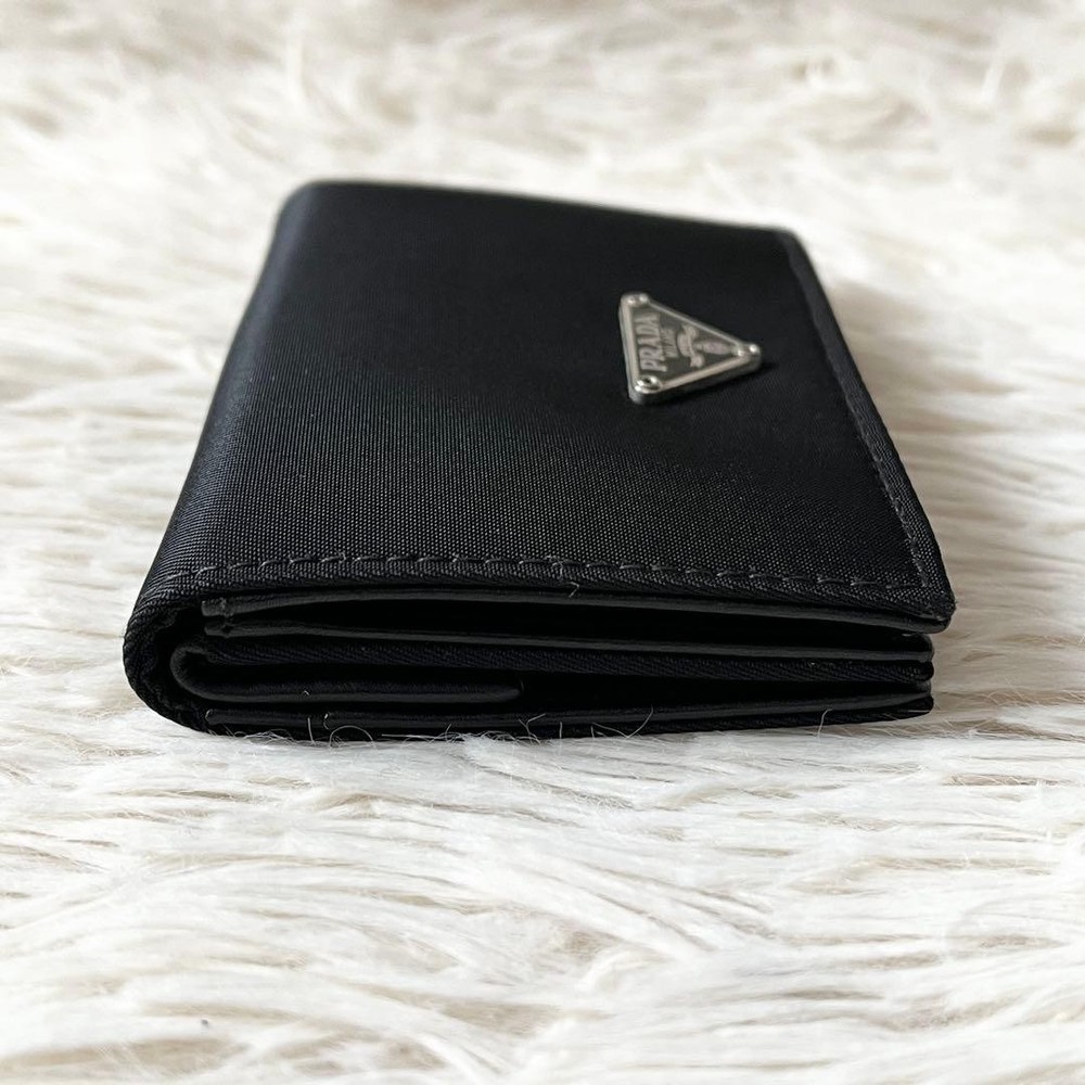 PRADA Triangle Logo Plate Compact Bi-Fold Wallet Black