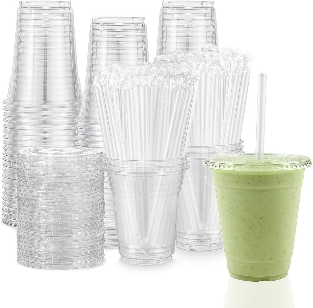 [100 sets plastic cups with lids and sts disposable, lemonade