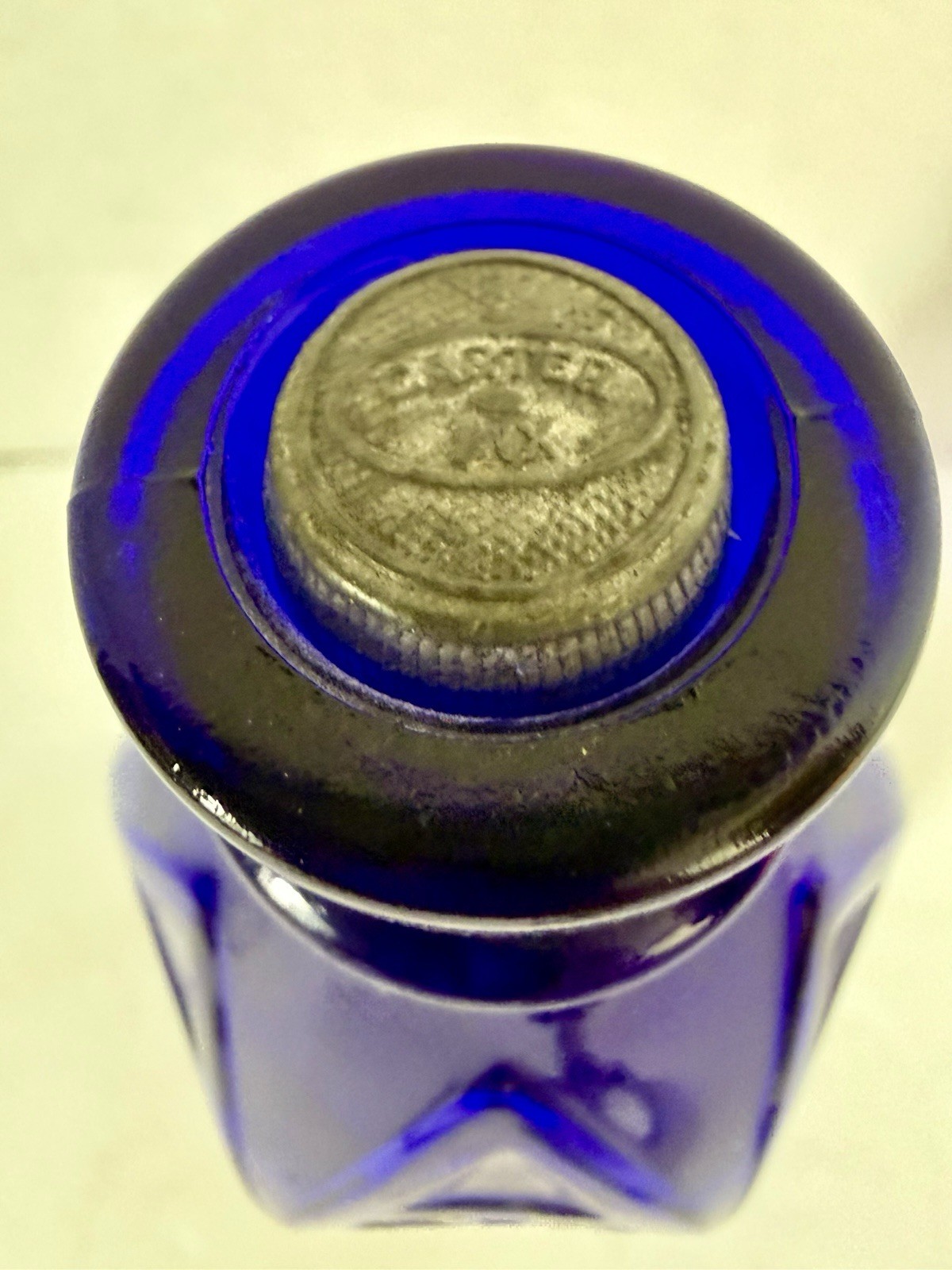 Vintage Cathedral Style Blue Glass Carter's Ink Bottle/Jar with label & Stopper