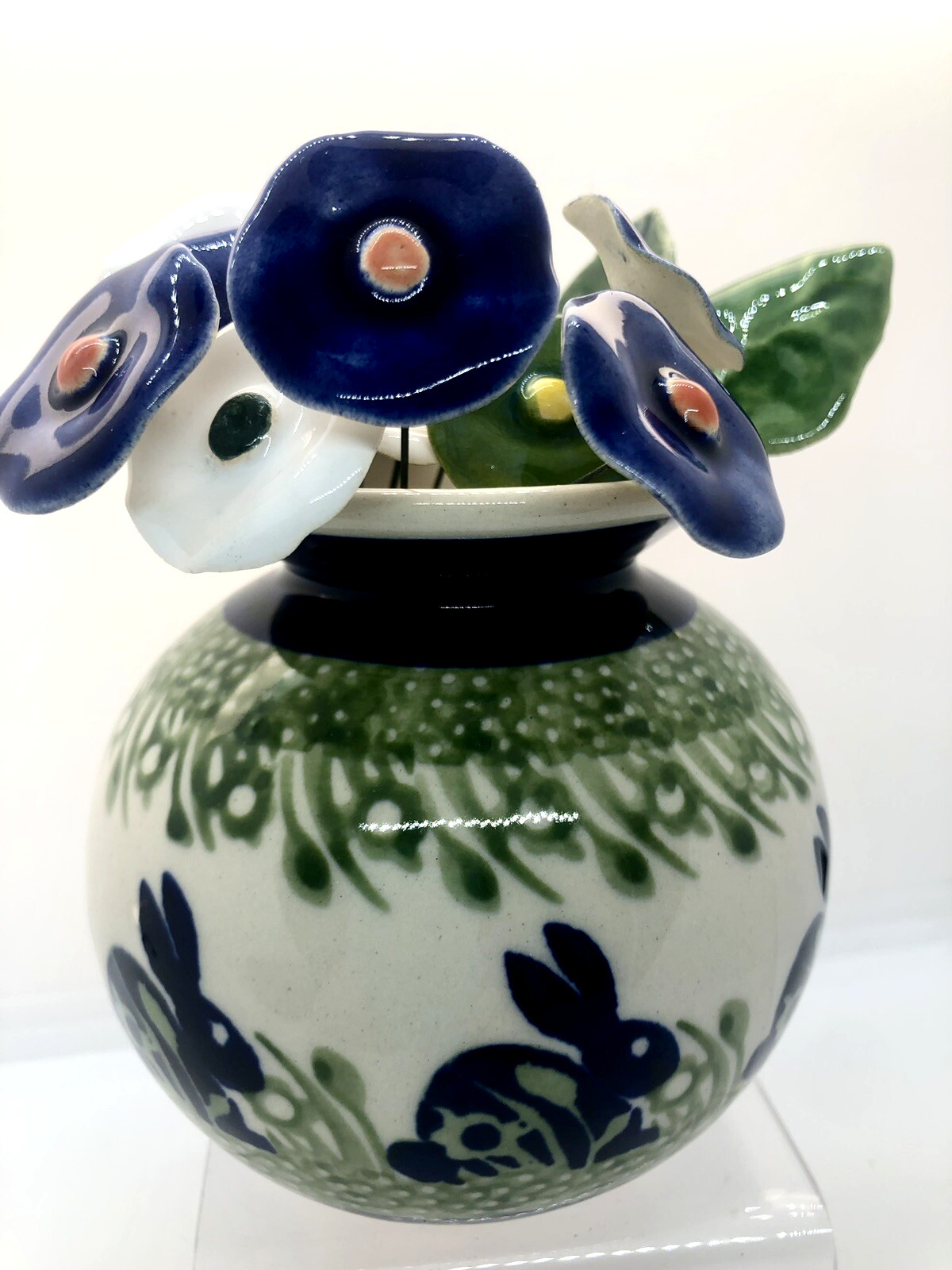 Polish Pottery Round Vase P324 Bunny Rabbit with 11 Polish Ceramic Flowers