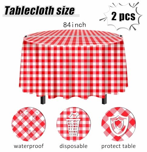 2 Pack Red Gingham Tablecloth Round 2 PACK 84inch Red Gingham Round Tablecloth