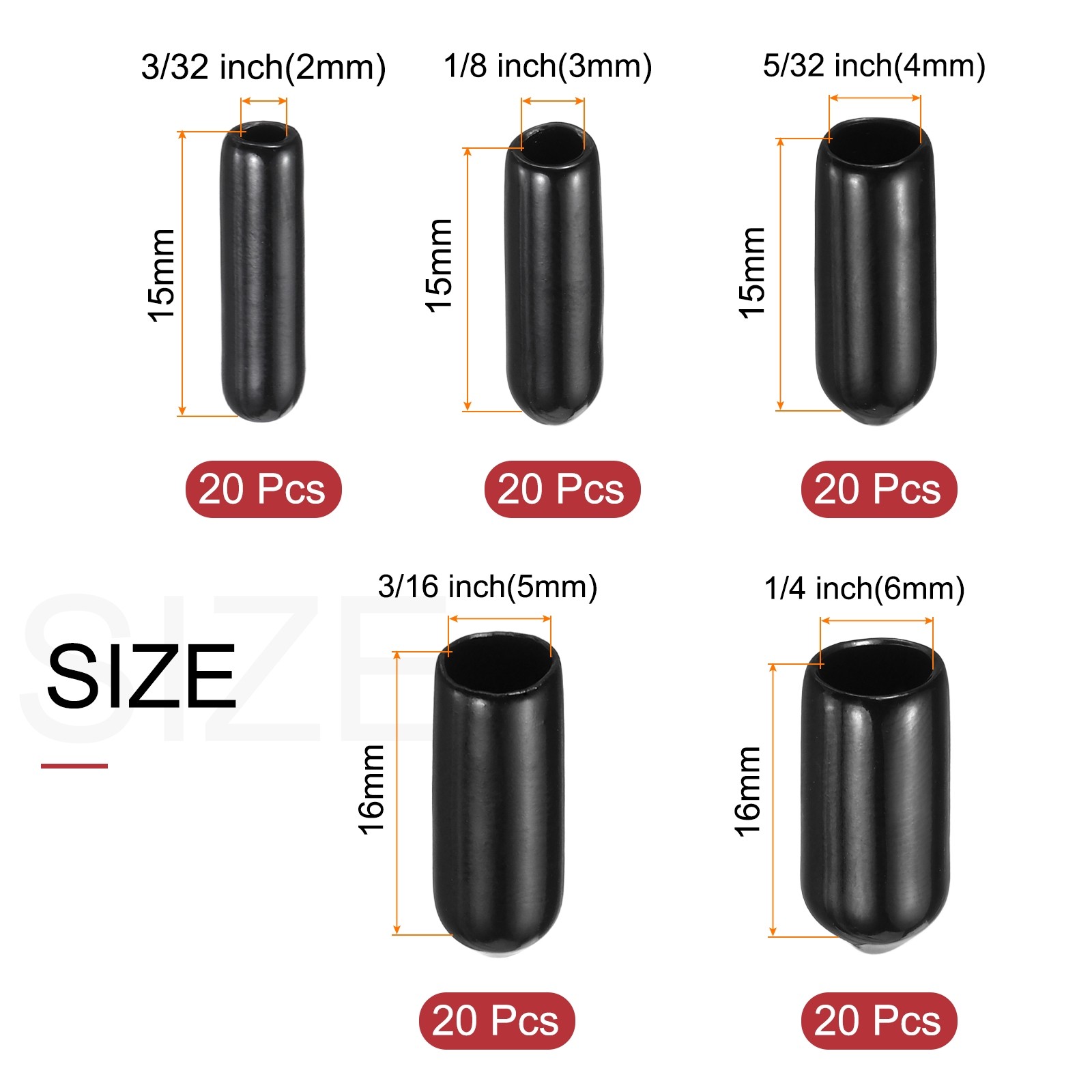 100pcs Rubber End Caps Protective Caps 2mm 3mm 4mm 5mm 6mm Black