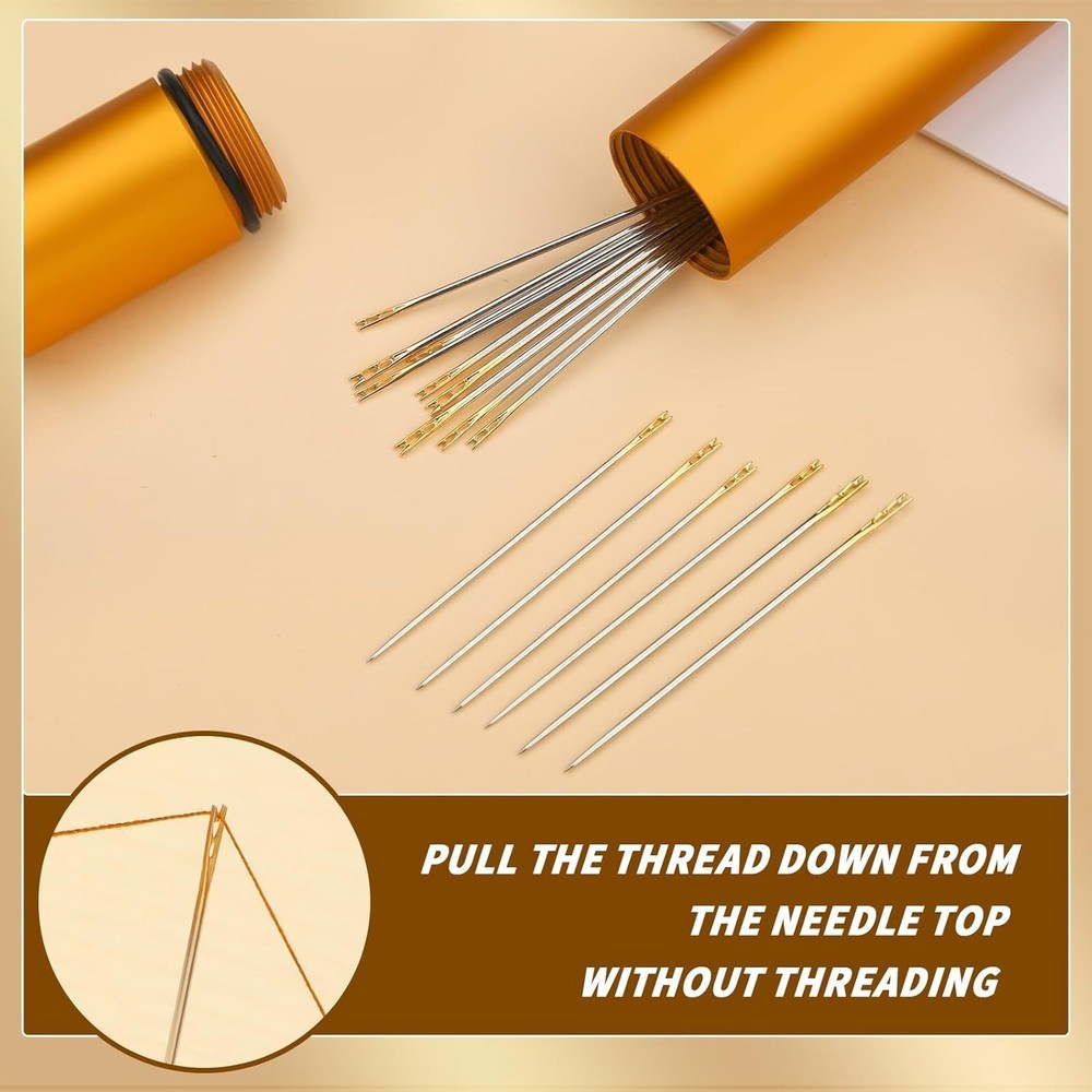 15Pcs Self Threading Needles Set - Easy Thread Steel Hand Sewing Needles w/ Case