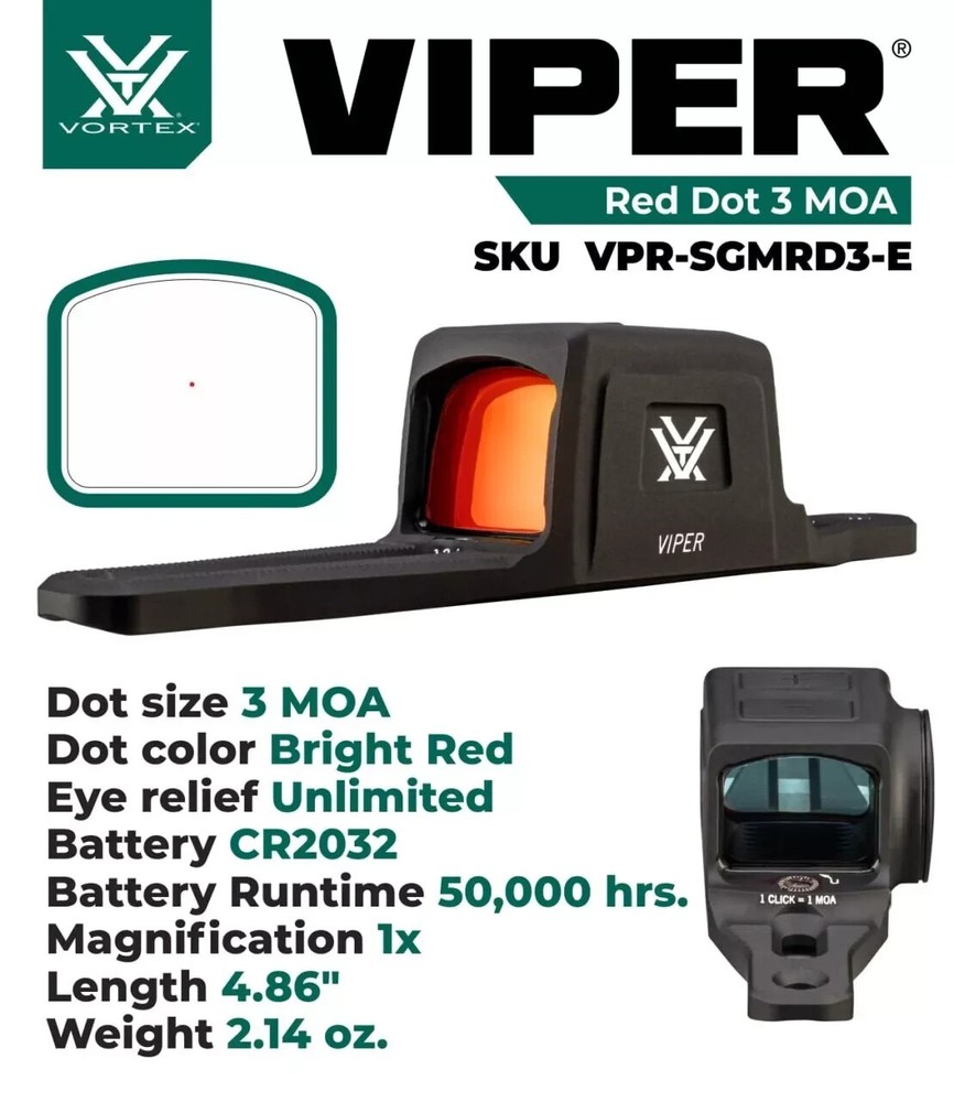 Vortex Optics Viper SG Enclosed Micro Red Dot Sights - 3 MOA Red Dot