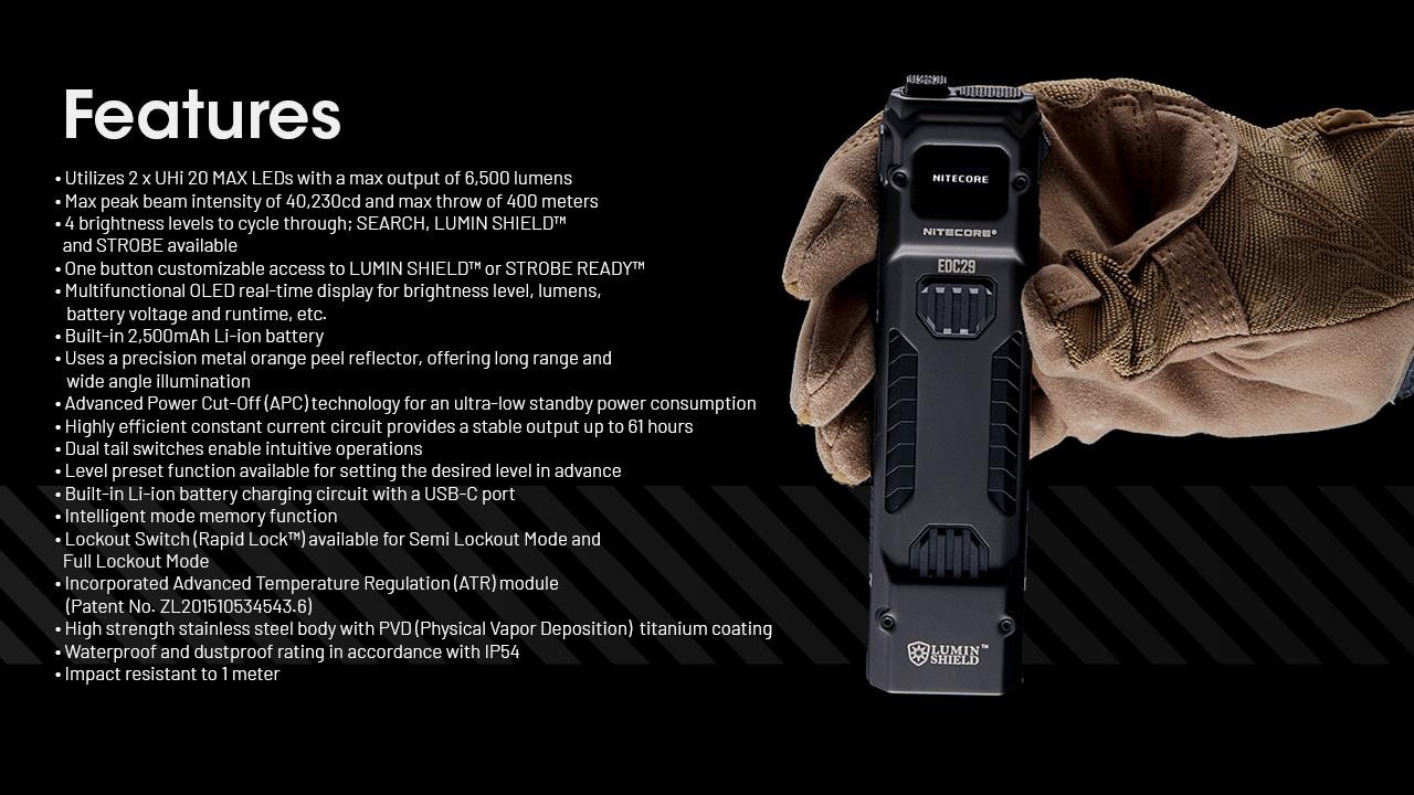 Nitecore EDC29 6500 Lumen USB Rechargeable Slim Body LED Flashlight w/charger