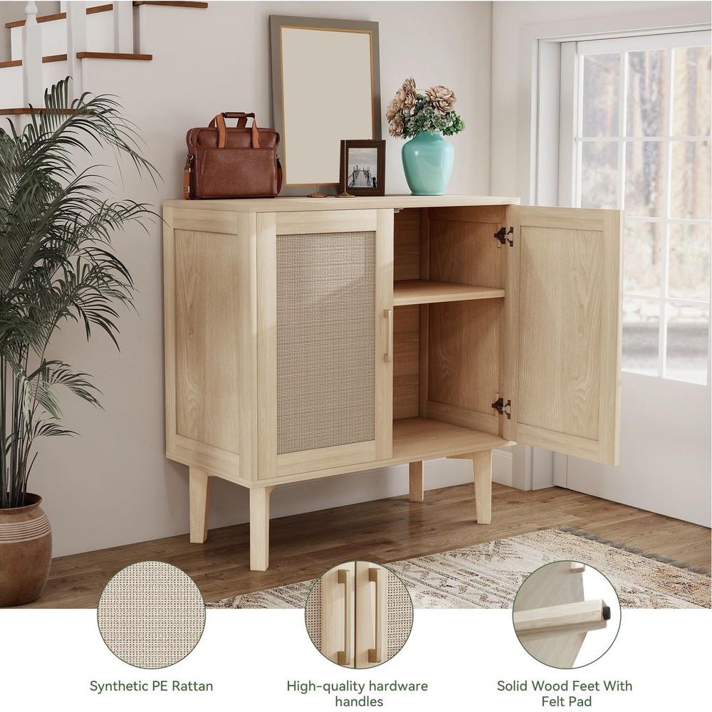 Buffet Cabinet With Rattan Decor Doors Solid Wood Feet Multifunctional PHPF