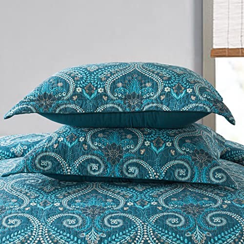 Cotton Bedspread Quilt Sets-Reversible Patchwork Queen Turquoise Classic Royal