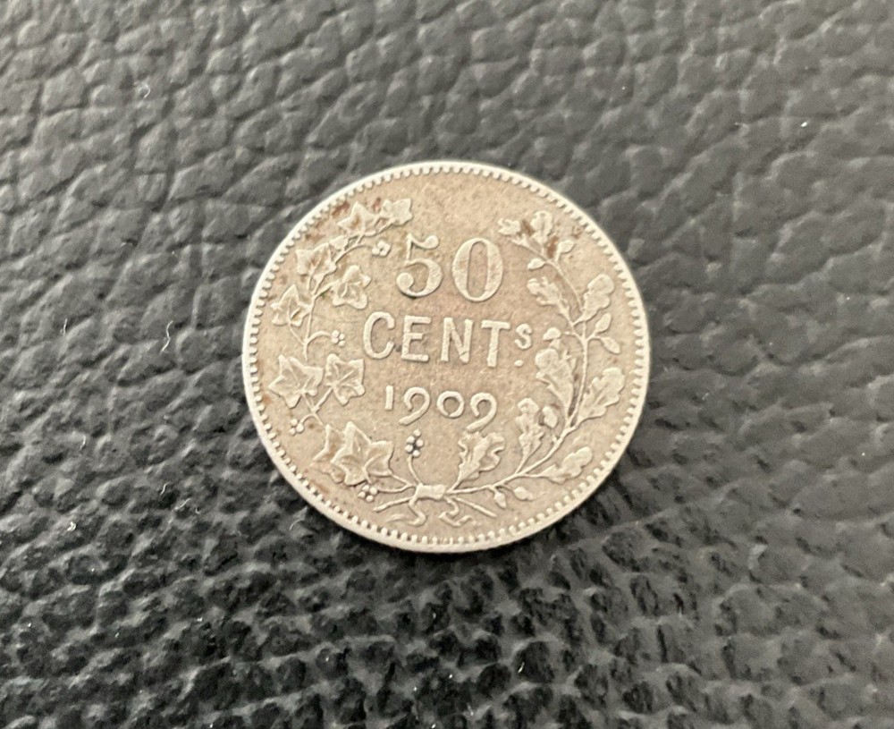 1909 Belgium 50 Cent Silver Coin