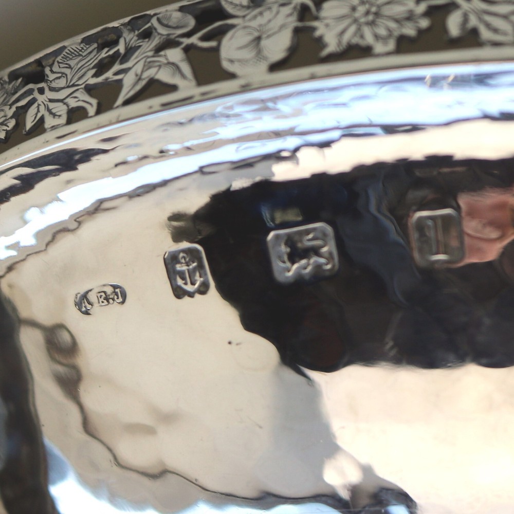 Extremely rare A E Jones cabochon set Arts & Crafts solid silver Bowl 252g 1910