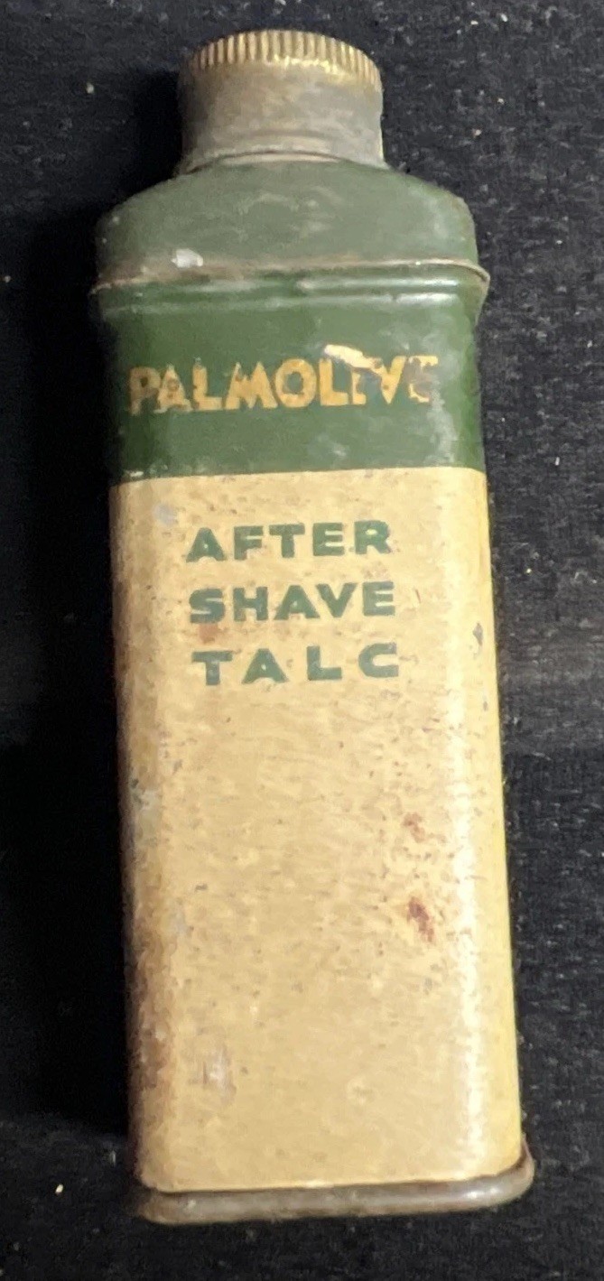 VTG 1950s PALMOLIVE after shave talc ADVERTISING TIN Green Medical Can Tin