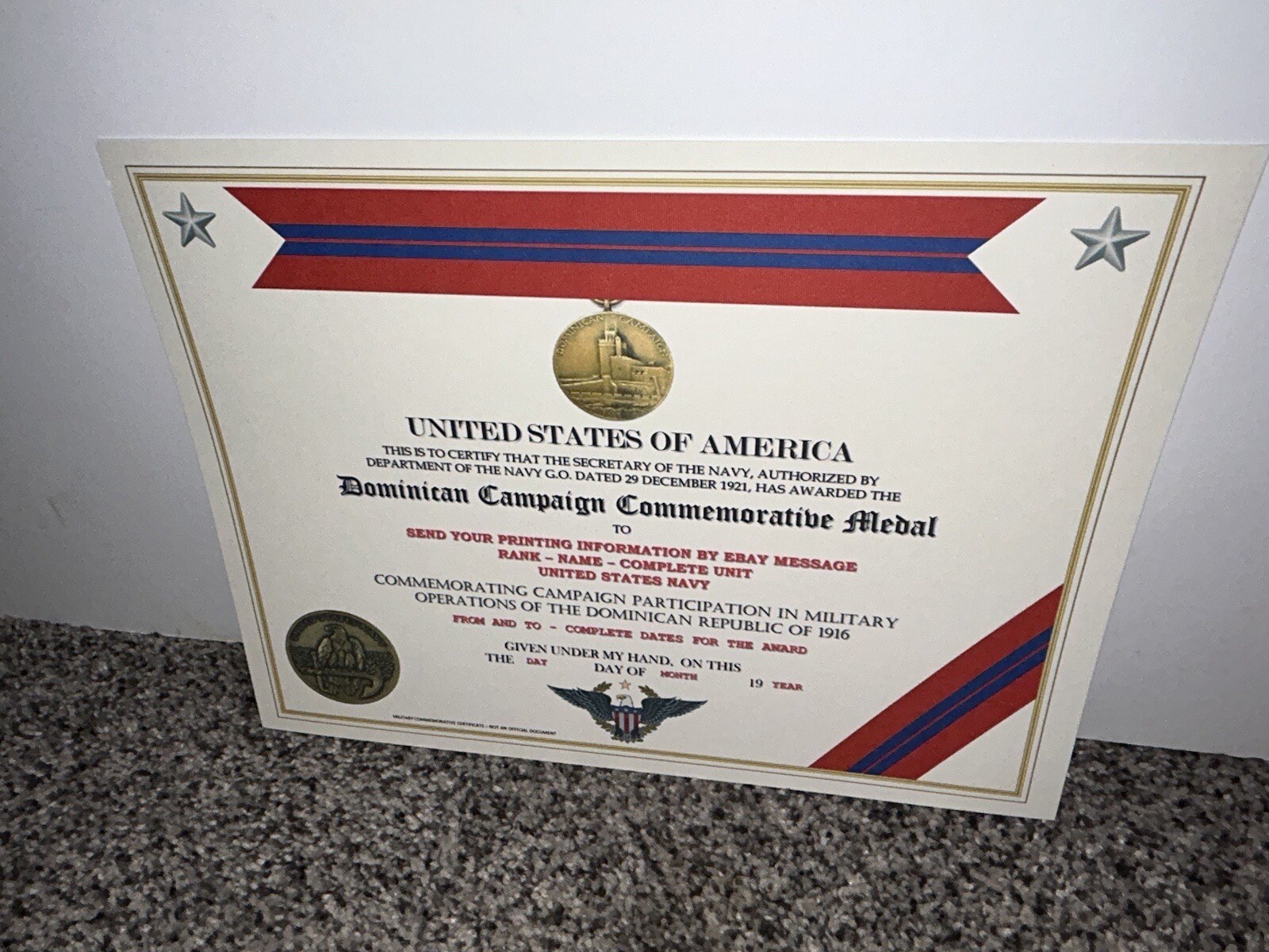 DOMINICAN CAMPAIGN (NAVY) COMMEMORATIVE MEDAL CERTIFICATE ~ W/PRINTING TYPE-1